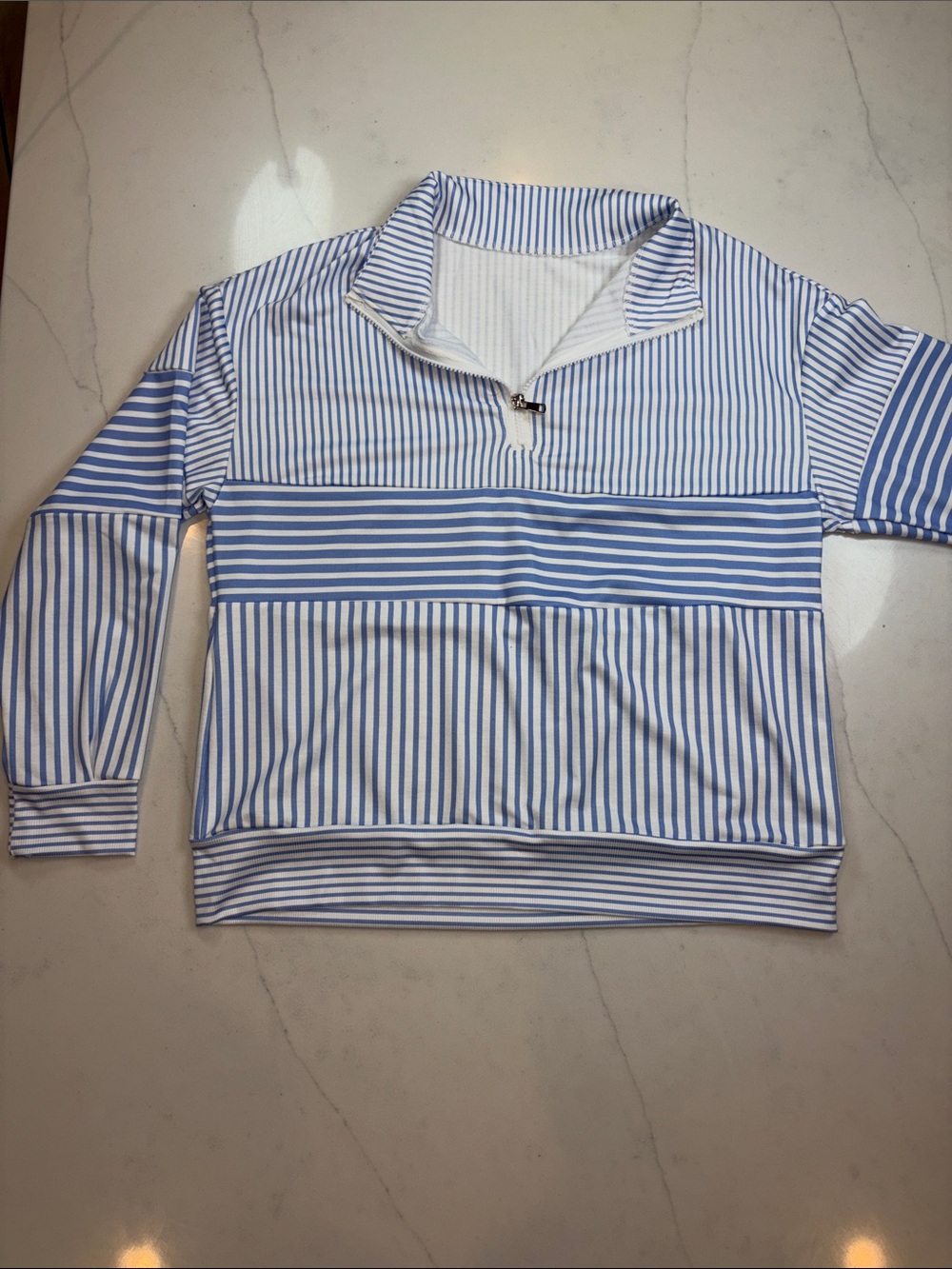 Striped Quarter-Zip Pullover Top - Light Blue & White